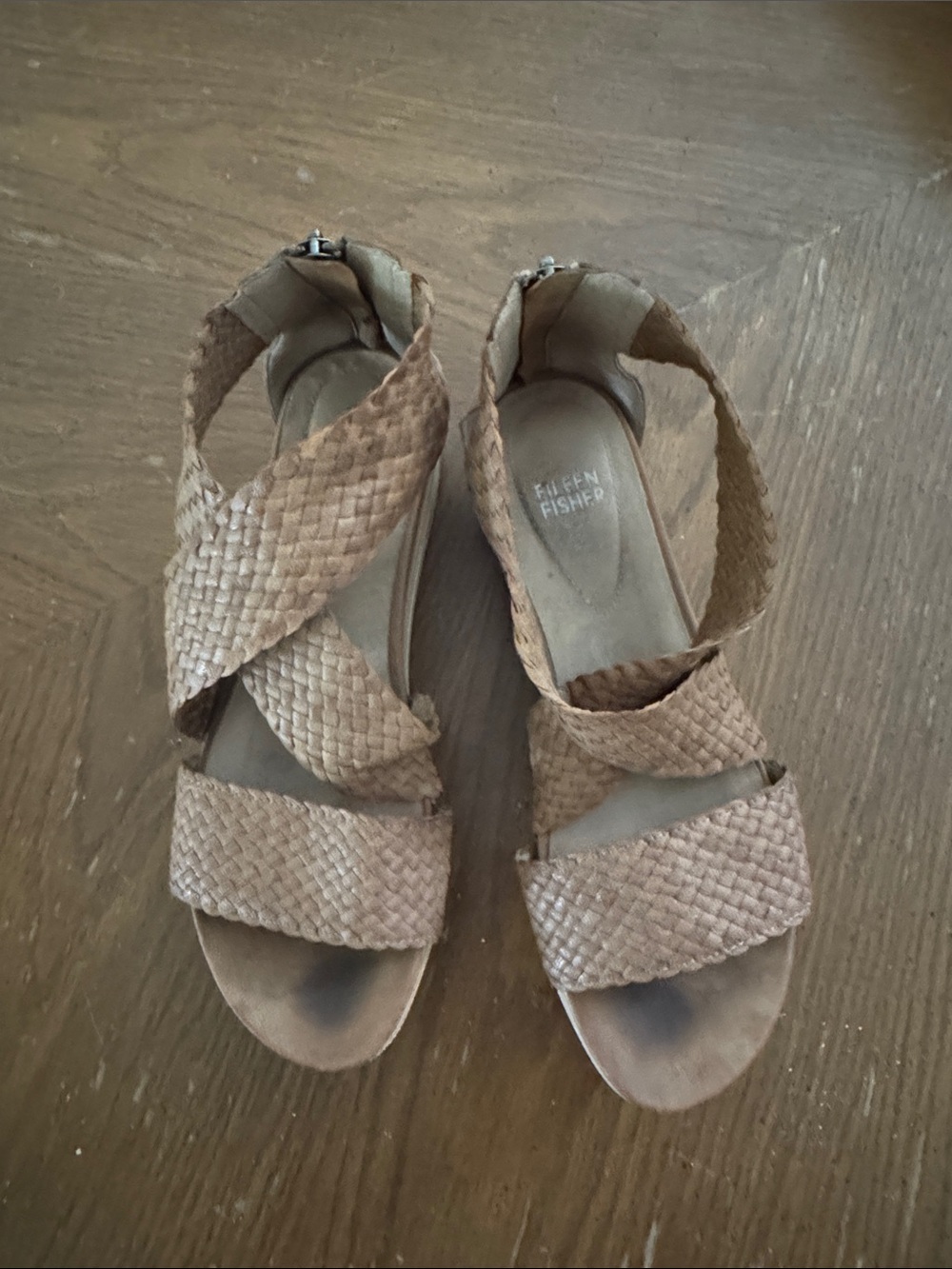 Eileen Fisher Brown Tan Sport Woven Leather Crisscross Platform Sandals Size 8